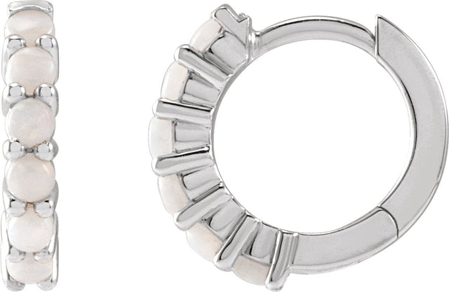 14K Gold Round Natural White Opal Cabochon Hinged Hoop Earrings - White Gold