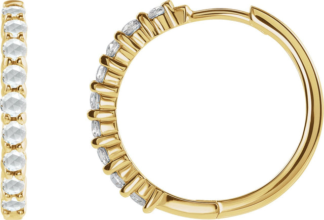 14K Gold Round Natural Diamond Cabochon Hinged Hoop Earrings - Yellow Gold