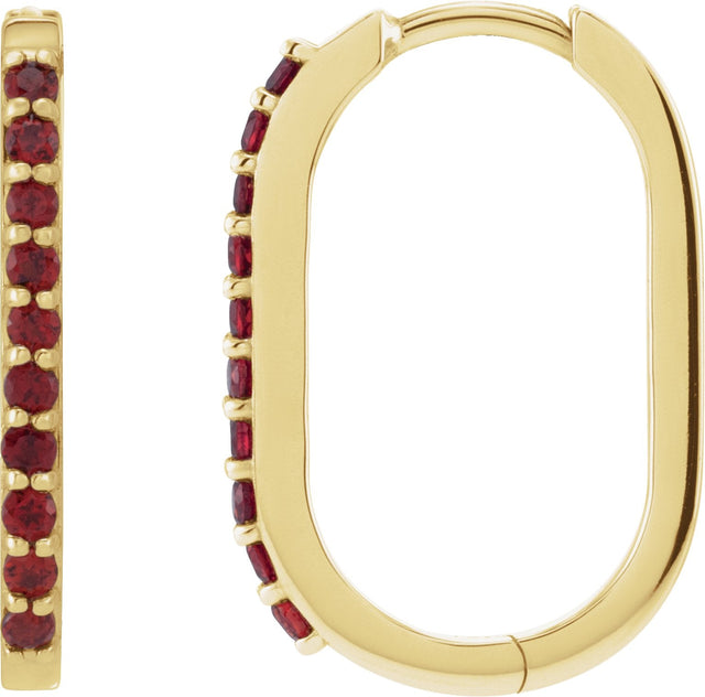 14K Gold Round Natural Mozambique Garnet Accented Elongated Hoop Earrings – 20x13.39mm – 1.5mm Stones - Yellow Gold