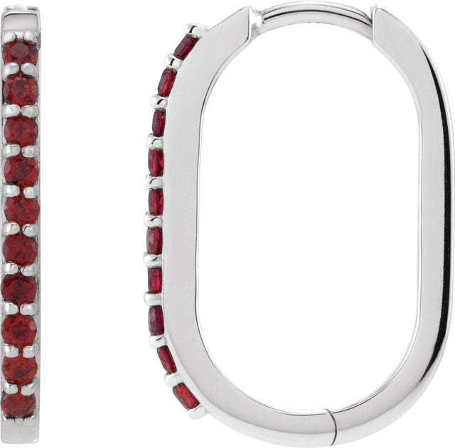 Platinum Round Natural Mozambique Garnet Accented Elongated Hoop Earrings – 20x13.39mm – 1.5mm Stones