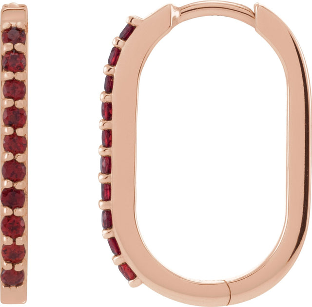 14K Gold Round Natural Mozambique Garnet Accented Elongated Hoop Earrings – 20x13.39mm – 1.5mm Stones - Rose Gold