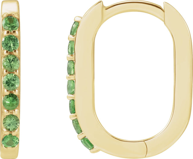 14K Gold Round Natural Tsavorite Garnet Accented Elongated Hoop Earrings - Yellow Gold