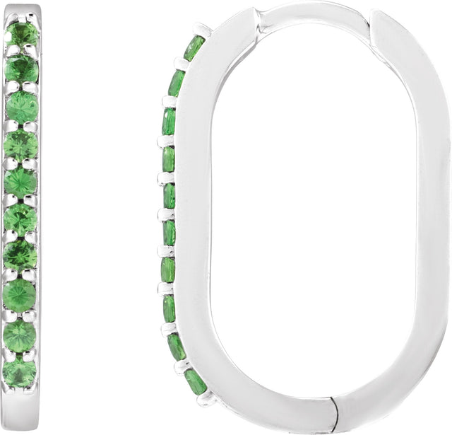 14K Gold Round Natural Tsavorite Garnet Accented Elongated Hoop Earrings – 20x13.39mm – 1.5mm Stones - White Gold