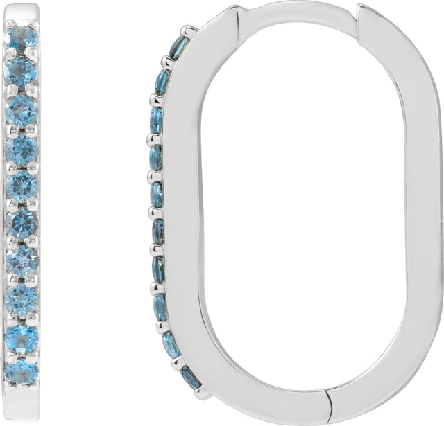 14K Gold Round Natural London Blue Topaz Accented Elongated Hoop Earrings – 20x13.39mm – 1.5mm Stones - White Gold