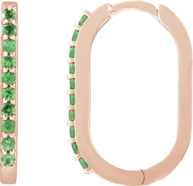 14K Gold Round Natural Tsavorite Garnet Accented Elongated Hoop Earrings – 20x13.39mm – 1.5mm Stones - Rose Gold