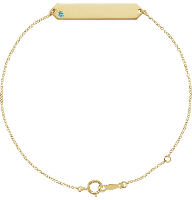 14K Gold Round Natural Blue Zircon Engravable Geometric Bracelet - Yellow Gold