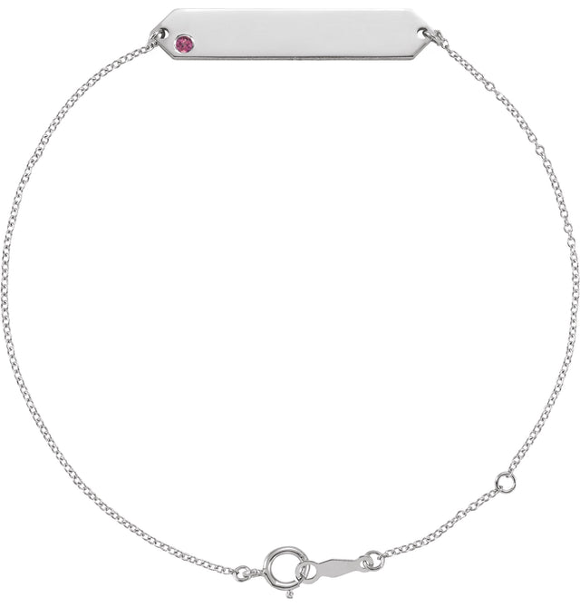 14K Gold Round Natural Pink Tourmaline Engravable Geometric Bracelet - White Gold