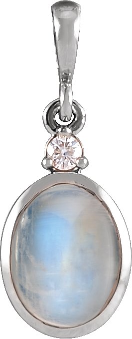 Platinum Oval Natural Rainbow Moonstone & Natural Diamond Cabochon Bezel-Set Necklace or Pendant