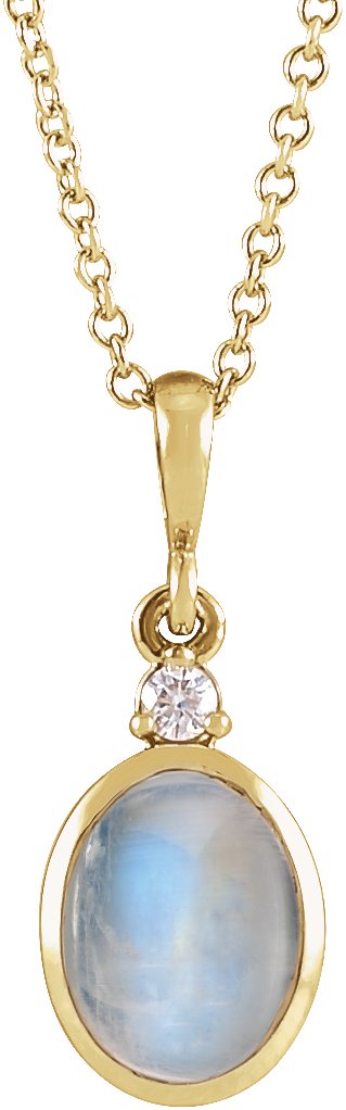 14K Gold Oval Natural Rainbow Moonstone & Natural Diamond Cabochon Bezel-Set Necklace or Pendant - Yellow Gold
