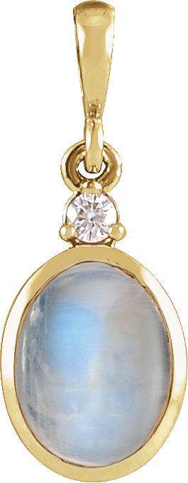 14K Gold Oval Natural Rainbow Moonstone & Natural Diamond Cabochon Bezel-Set Necklace or Pendant - Yellow Gold