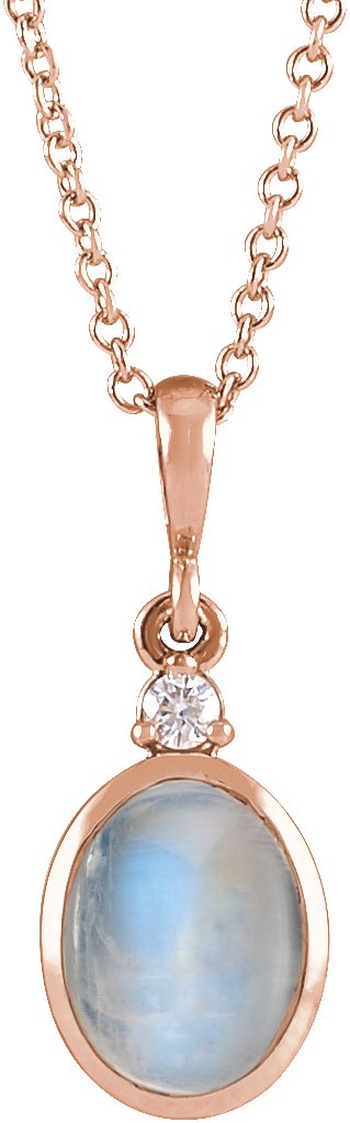 14K Gold Oval Natural Rainbow Moonstone & Natural Diamond Cabochon Bezel-Set Necklace or Pendant - Rose Gold