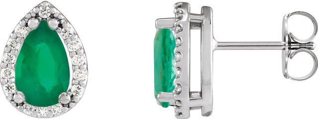 14K Gold Lab-Grown Emerald Pear 4-Prong Halo-Style Low Stud Earring - White Gold