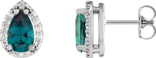 Platinum Lab-Grown Alexandrite Pear 4-Prong Halo-Style Low Stud Earring
