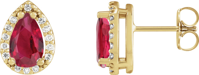 14K Gold Lab-Grown Ruby Pear 4-Prong Halo-Style Low Stud Earring - Yellow Gold
