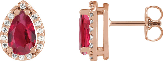 14K Gold Lab-Grown Ruby Pear 4-Prong Halo-Style Low Stud Earring - Rose Gold