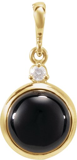 14K Gold Oval Natural Black Onyx & Natural Diamond Cabochon Bezel-Set Necklace or Pendant - Yellow Gold