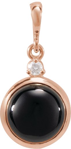 14K Gold Oval Natural Black Onyx & Natural Diamond Cabochon Bezel-Set Necklace or Pendant - Rose Gold
