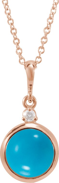 14K Gold Oval Natural Turquoise & Natural Diamond Cabochon Bezel-Set Necklace or Pendant - Rose Gold