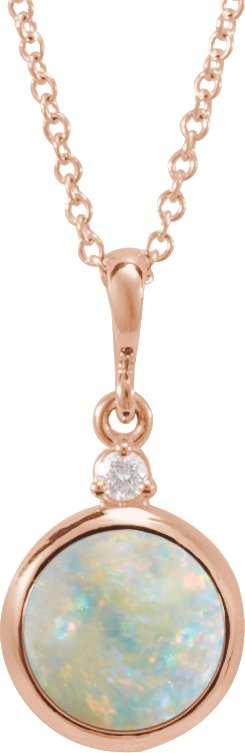 14K Gold Oval Natural White Opal & Natural Diamond Cabochon Bezel-Set Necklace or Pendant – 12x10mm - Rose Gold