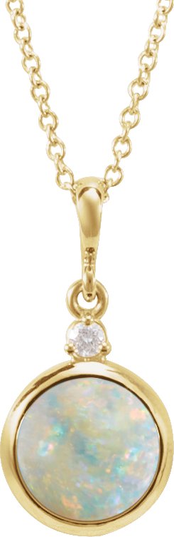 14K Gold Oval Natural White Opal & Natural Diamond Cabochon Bezel-Set Necklace or Pendant – 12x10mm - Yellow Gold