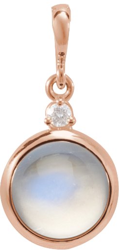 14K Gold Oval Natural Rainbow Moonstone & Natural Diamond Cabochon Bezel-Set Necklace or Pendant - Rose Gold