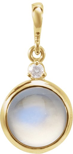 14K Gold Oval Natural Rainbow Moonstone & Natural Diamond Cabochon Bezel-Set Necklace or Pendant - Yellow Gold
