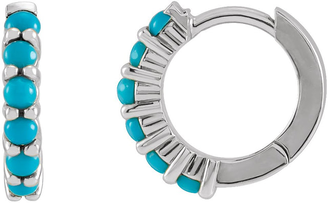 Platinum Round Natural Turquoise Cabochon Hinged Hoop Earrings