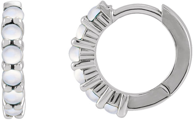 14K Gold Round Natural Rainbow Moonstone Cabochon Hinged Hoop Earrings - White Gold