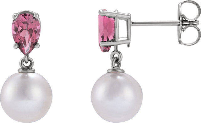 14K Gold Cultured White Akoya Pearl & Natural Pink Tourmaline Pearl Earrings - White Gold