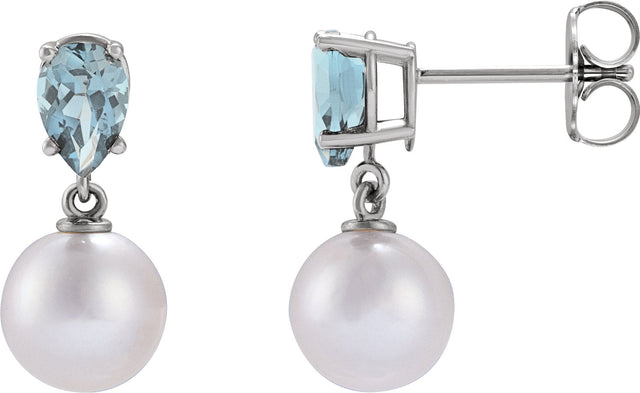 14K Gold Cultured White Akoya Pearl & Natural Aquamarine Pearl Earrings - White Gold