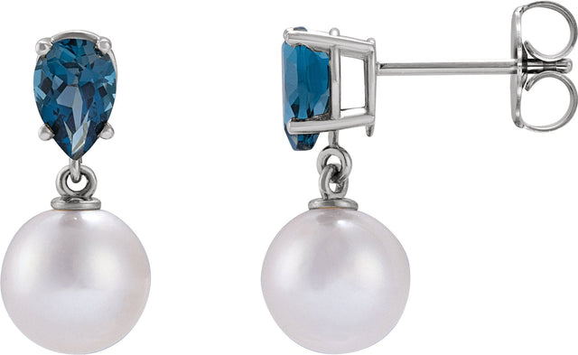 Platinum Cultured White Akoya Pearl & Natural London Blue Topaz Pearl Earrings