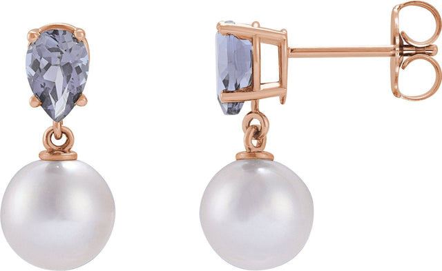 14K Gold Cultured White Akoya Pearl & Natural Tanzanite Pearl Earrings - Rose Gold