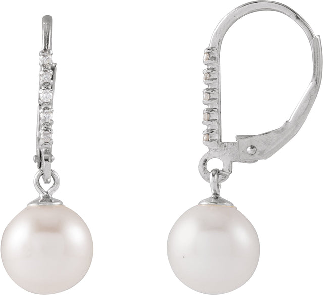 14K Gold Cultured White Freshwater Pearl & Natural Diamond Accented Pearl Earrings - White Gold