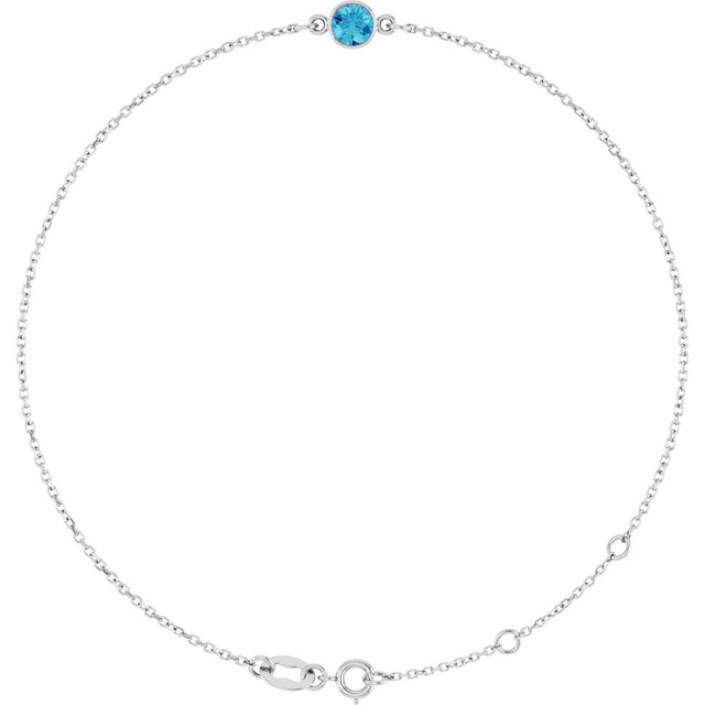 14K Gold Round Natural Blue Zircon Bezel-Set Link Bracelet - White Gold