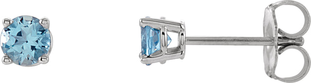 14K Gold Natural Aquamarine Round 4-Prong Lightweight Stud Earrings - White Gold