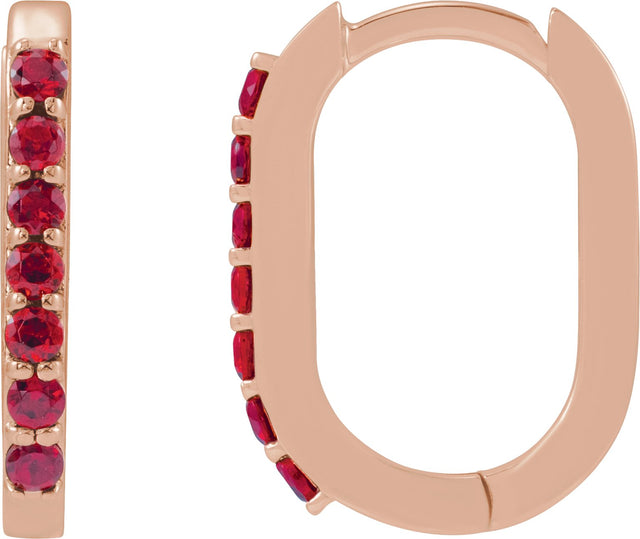 14K Gold Round Lab-Grown Ruby Accented Elongated Hoop Earrings - Rose Gold