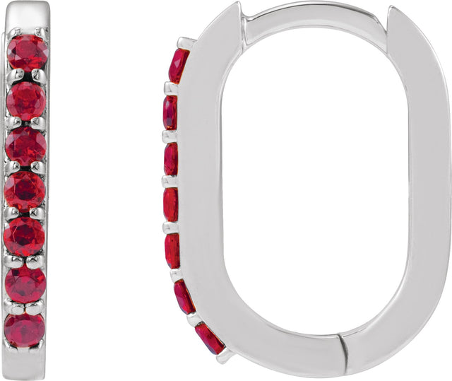 14K Gold Round Lab-Grown Ruby Accented Elongated Hoop Earrings - White Gold