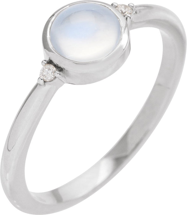 14K Gold Natural Rainbow Moonstone Bezel-Set Cabochon Ring – .03 CTW - White Gold