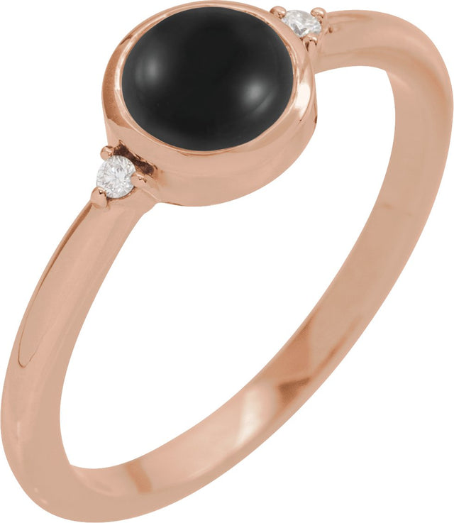 14K Gold Natural Black Onyx Bezel-Set Cabochon Ring – .03 CTW - Rose Gold