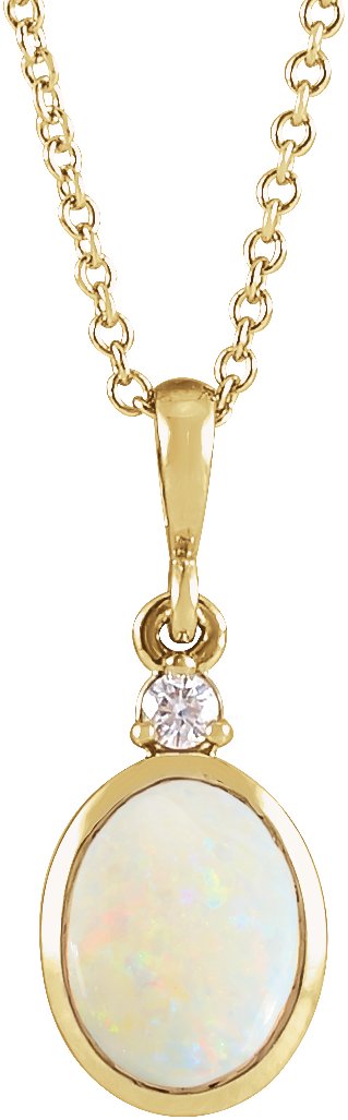 14K Gold Oval Natural White Opal & Natural Diamond Cabochon Bezel-Set Necklace or Pendant – 12x10mm - Yellow Gold