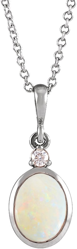 Platinum Oval Natural White Opal & Natural Diamond Cabochon Bezel-Set Necklace or Pendant