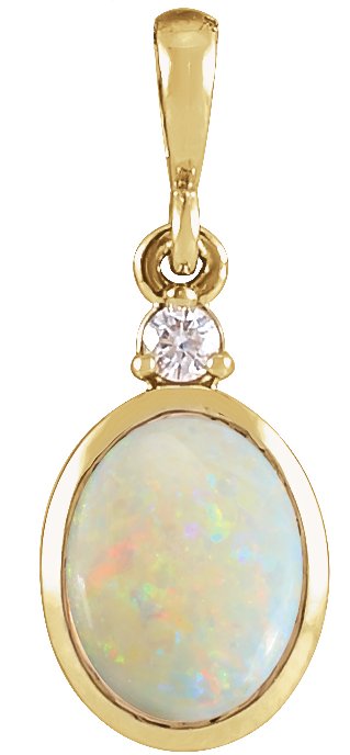 14K Gold Oval Natural White Opal & Natural Diamond Cabochon Bezel-Set Necklace or Pendant – 12x10mm - Yellow Gold