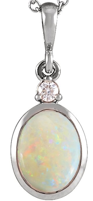 Platinum Oval Natural White Opal & Natural Diamond Cabochon Bezel-Set Necklace or Pendant