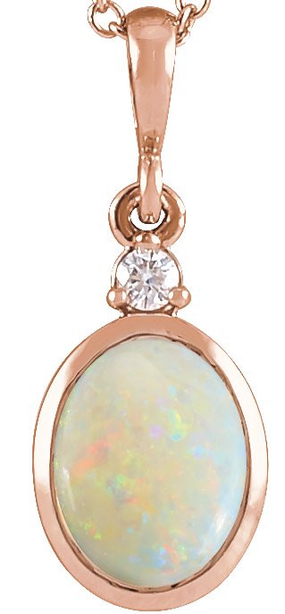 14K Gold Oval Natural White Opal & Natural Diamond Cabochon Bezel-Set Necklace or Pendant – 12x10mm - Rose Gold