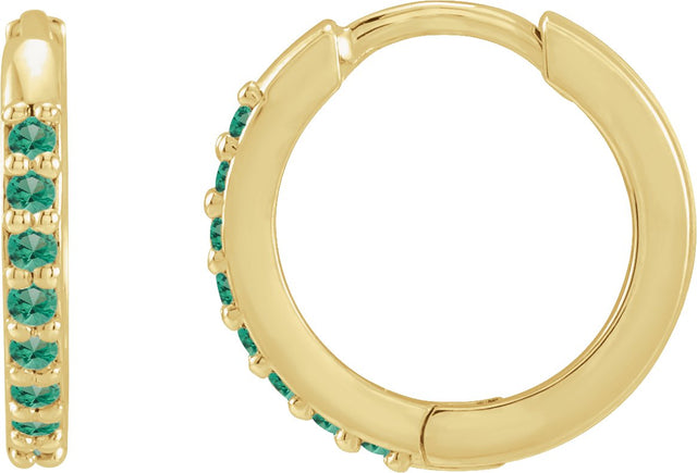 14K Gold Round Lab-Grown Emerald Accented Huggie Earrings - Yellow Gold