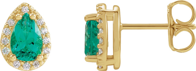 14K Gold Lab-Grown Emerald Pear 4-Prong Halo-Style Low Stud Earring - Yellow Gold