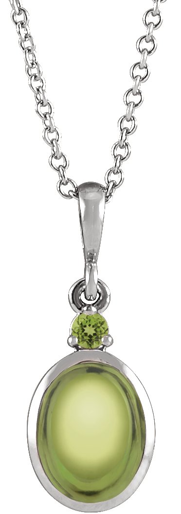 Platinum Oval Natural Peridot Cabochon Bezel-Set Necklace or Pendant