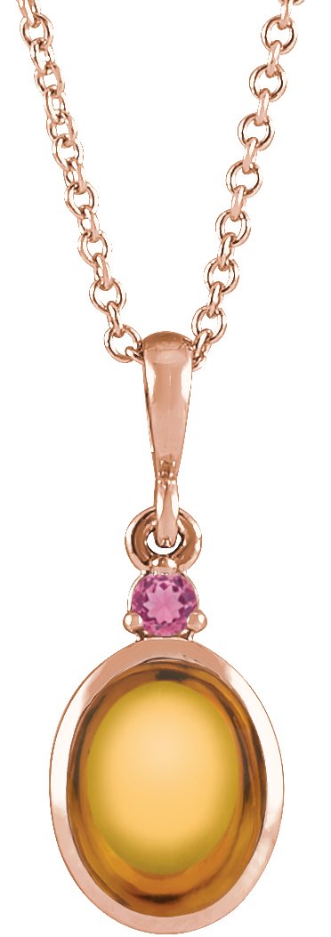 14K Gold Oval Natural Citrine & Natural Pink Tourmaline Cabochon Bezel-Set Necklace or Pendant - Rose Gold