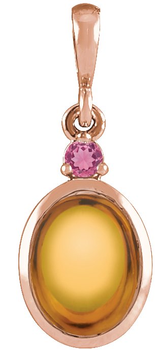 14K Gold Oval Natural Citrine & Natural Pink Tourmaline Cabochon Bezel-Set Necklace or Pendant - Rose Gold