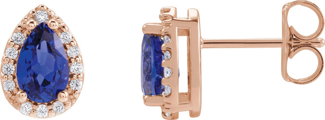 14K Gold Lab-Grown Blue Sapphire Pear 4-Prong Halo-Style Low Stud Earring - Rose Gold